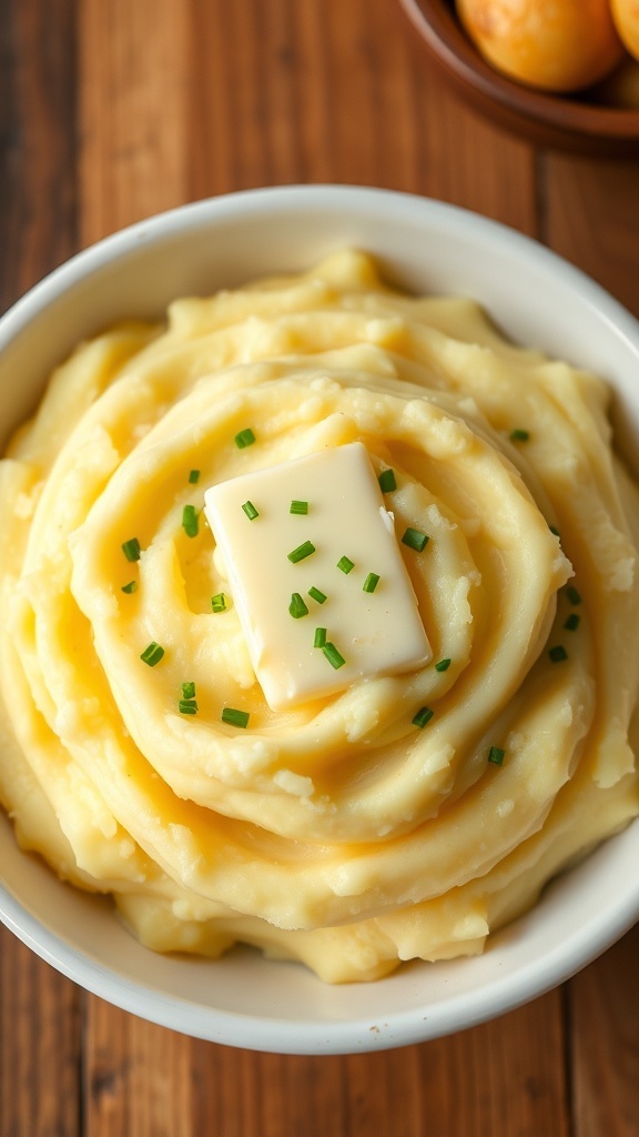 Creamy mashed golden potatoes in a rustic bowl, garnished with chives and a pat of butter.